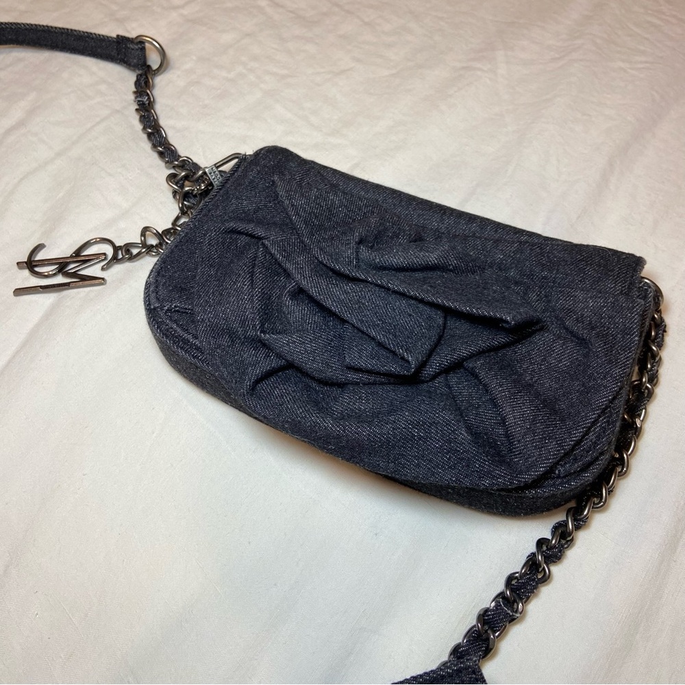 Steve Madden Small Black Denim Borla Crossbody Handbag 3D Rose Flower